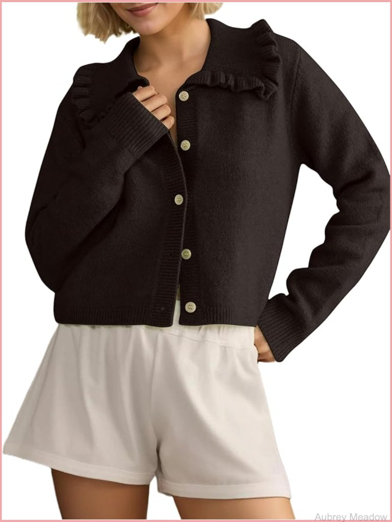 Women's Ruffle Collar Cropped Cardigan Button Down Open Front Long Sleeve Knit